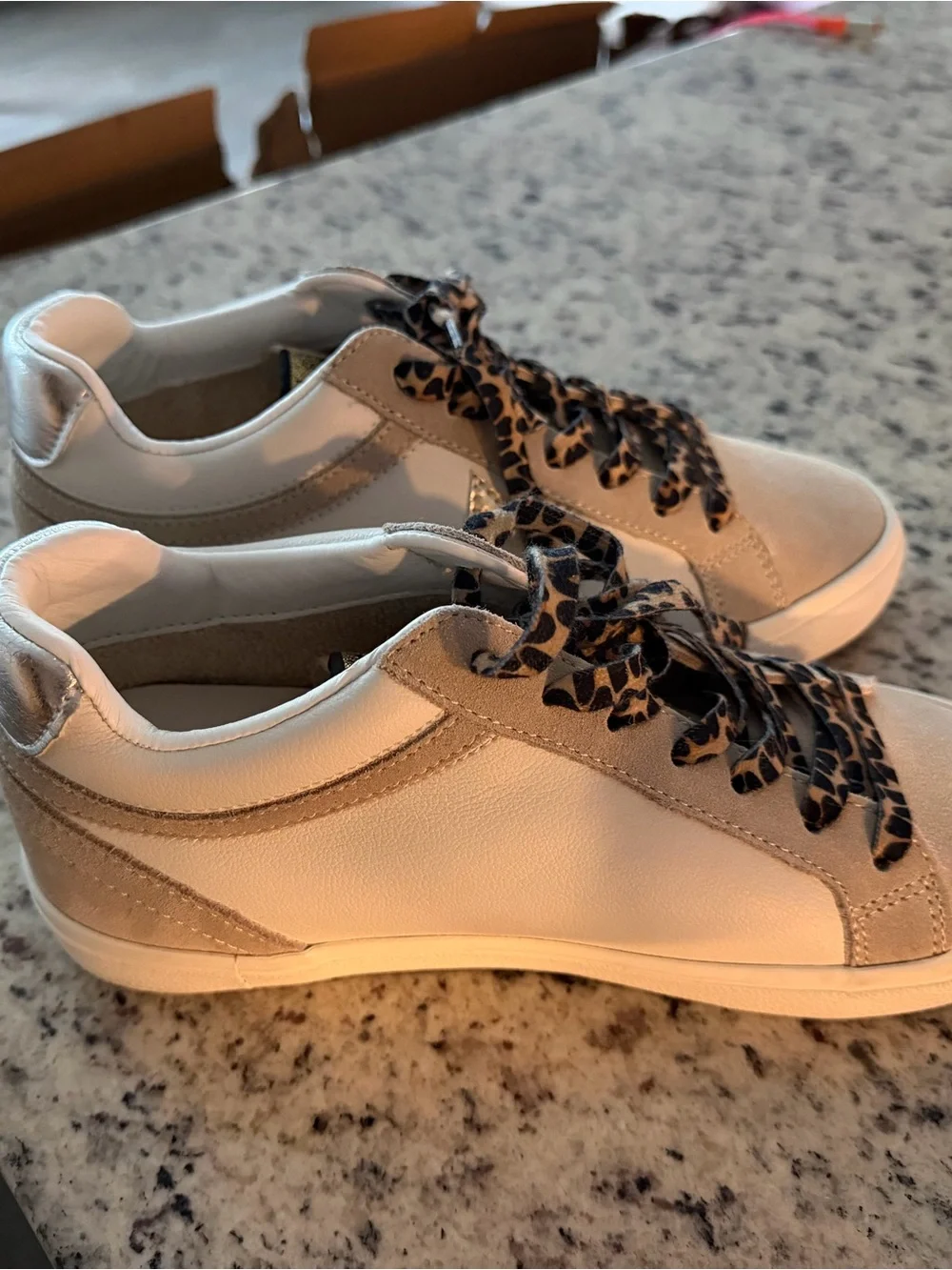 White & Beige Low-Top Sneakers with Metallic Star and Leopard Laces